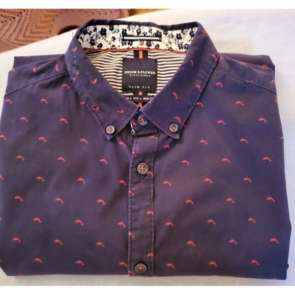 Denim & Flower Ricky Singh Slim Fit Lg Short Sleeve Shirt USA Navy w/ Dolphins - Picture 9 of 9